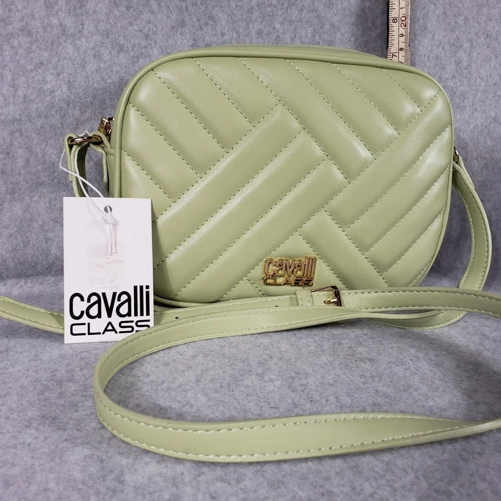 Cavalli Class Marzia‎ Shoulder Bag Green Quilted Leather Purse NWT Lux Designer